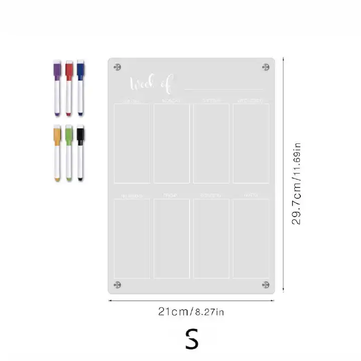 A4 Reusable Magnetic Acrylic Weekly Planner Board 29.7 × 21cm with Notes Section, 4 Fridge Magnets and 6 Coloured Erasable Pens – Clear