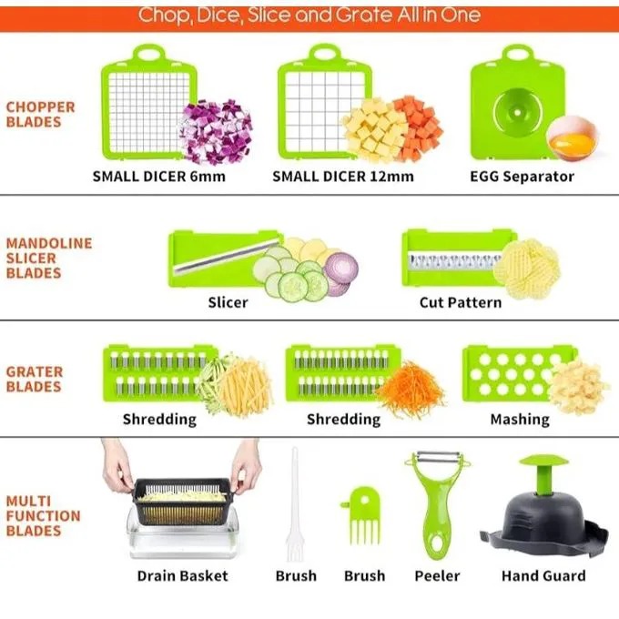 16PCS Multi-Function Vegetable Cutter & Slicer Set | Manual Food Chopper, Dicer, Grater & Peeler with Storage Container for Kitchen Use