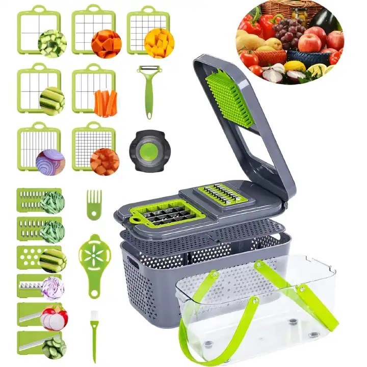 16PCS Multi-Function Vegetable Cutter & Slicer Set | Manual Food Chopper, Dicer, Grater & Peeler with Storage Container for Kitchen Use