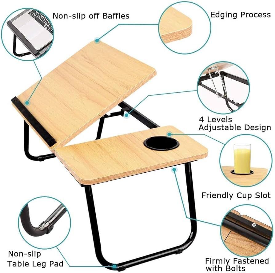 Adjustable Laptop Study table Foldable 5 Levels adjustable angle with Cup Slot Multipurpose Portable lightweight Laptop Desk Study table for Home office and Bed use with Drink slot