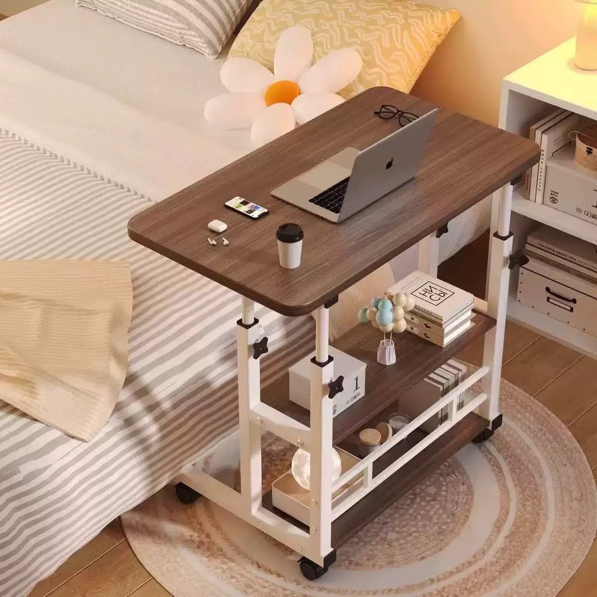 Adjustable Laptop Desk Table with Storage Shelves Adjustable Height 2 Layer Storage Rack Beneath Coffee table Workstation Table Spacious Top working space and 2 Layer storage Rack Beneath