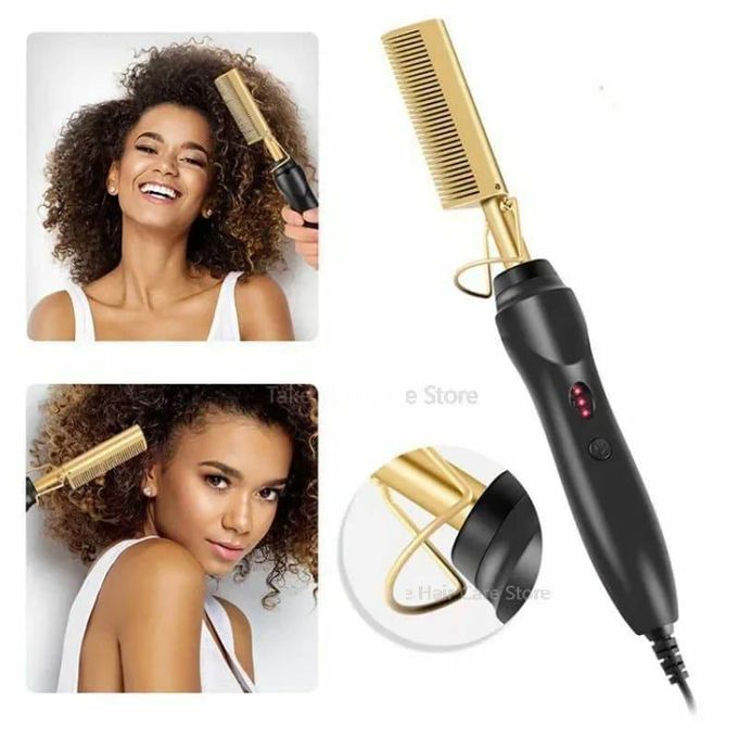 Electric Hot Comb - Black/Gold, Adjustable Temp, Ceramic Plates, 2-in-1 Straightening & Curling Tool