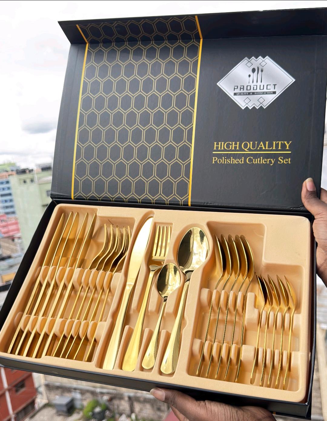24-Piece Stainless Steel Gold Cutlery Set - Dishwasher Safe, Includes Spoons, Forks, Knives
