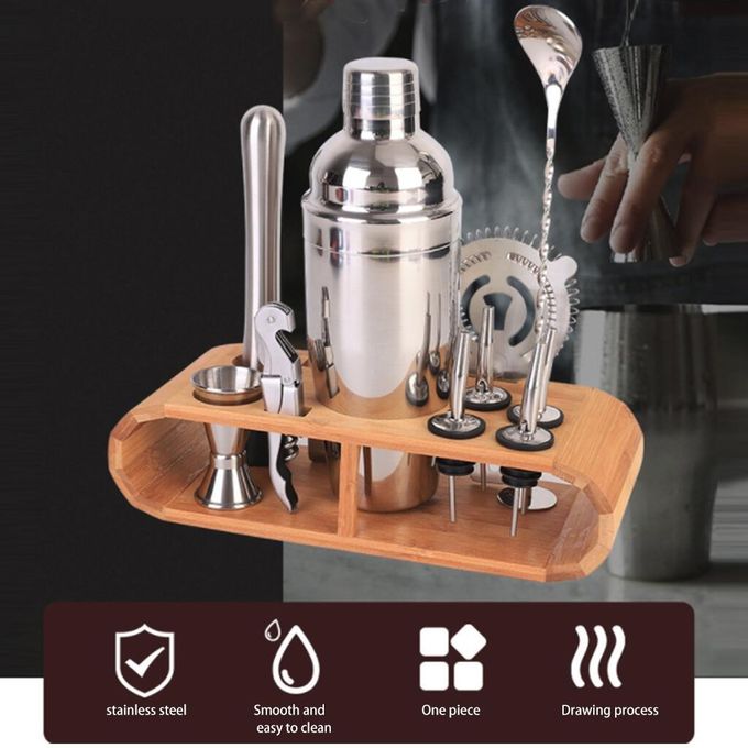 12-Piece Stainless Steel Cocktail Shaker Set with Wooden Stand - 500ml Capacity