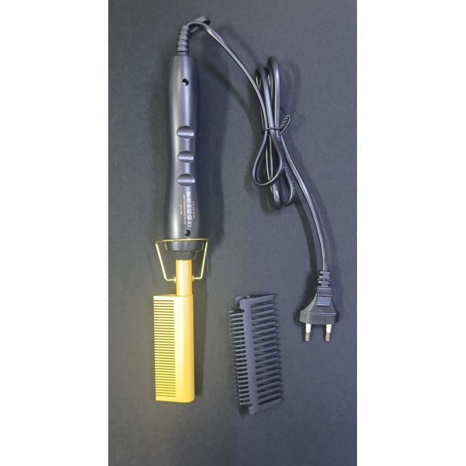 Electric Hot Comb - Black/Gold, Adjustable Temp, Ceramic Plates, 2-in-1 Straightening & Curling Tool