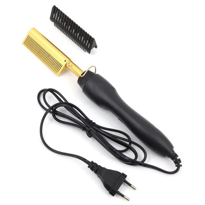 Electric Hot Comb - Black/Gold, Adjustable Temp, Ceramic Plates, 2-in-1 Straightening & Curling Tool