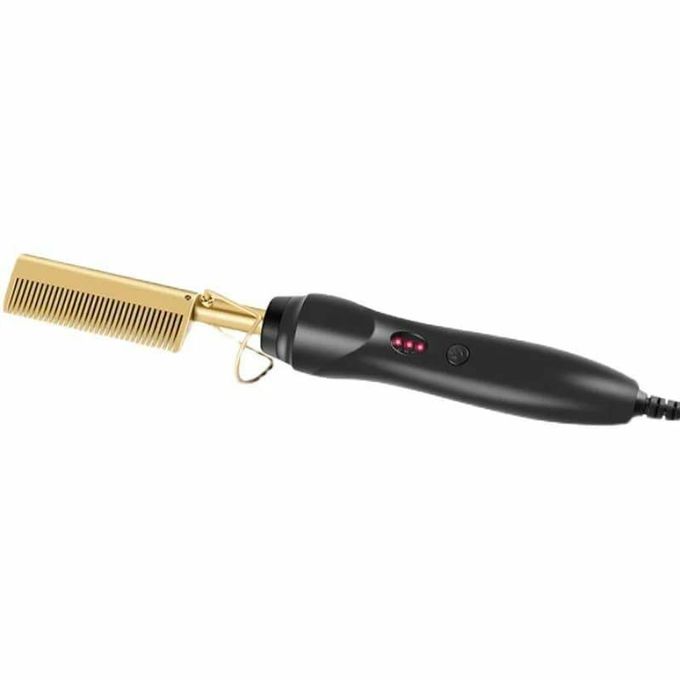 Electric Hot Comb - Black/Gold, Adjustable Temp, Ceramic Plates, 2-in-1 Straightening & Curling Tool