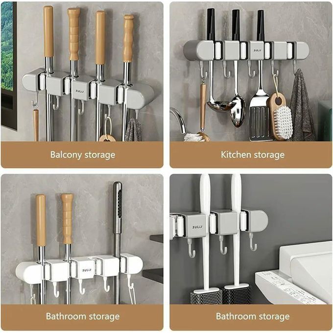 4-Holes Multi-Purpose Hooks Mop Hanger / Rack with Hanging Hooks & Self adhesive Stickers