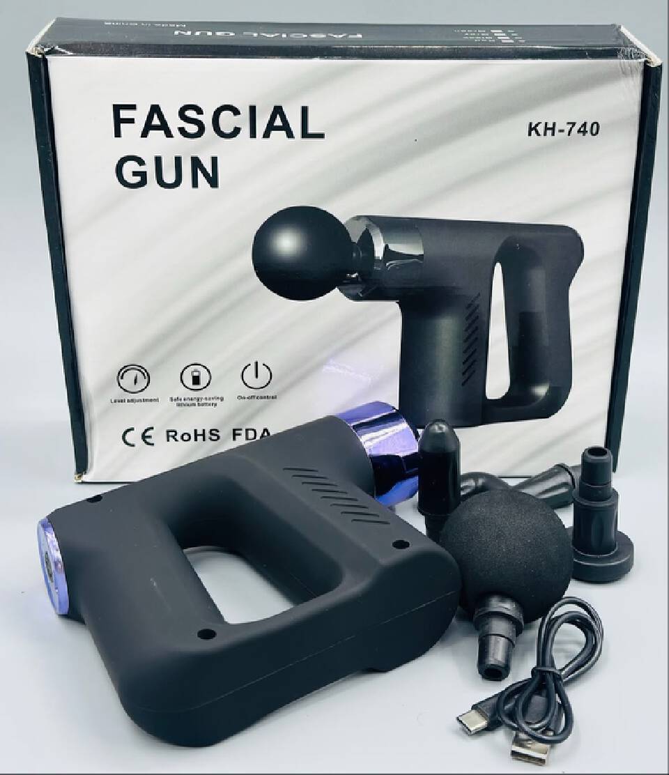 KH-740 Fascial Gun is a handheld deep-tissue percussion massager designed to relieve muscle stiffness, enhance blood flow, and accelerate post-workout recovery-4heads