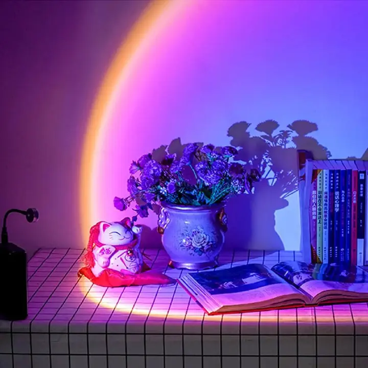 USB Decorative Colorful Rainbow Projection Lamp Sunset Atmosphere Lamp Multi-angle Rotatable Suitable for Home Living Room and Bedroom Night Light Projector Photography Wall Atmosphere Light