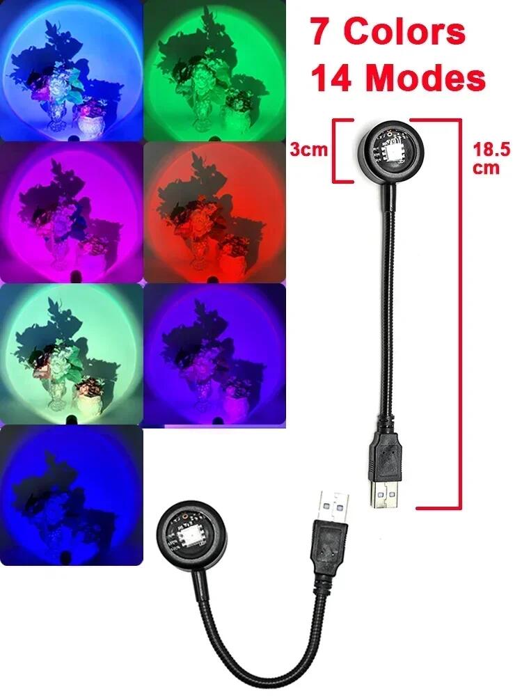 USB Decorative Colorful Rainbow Projection Lamp Sunset Atmosphere Lamp Multi-angle Rotatable Suitable for Home Living Room and Bedroom Night Light Projector Photography Wall Atmosphere Light