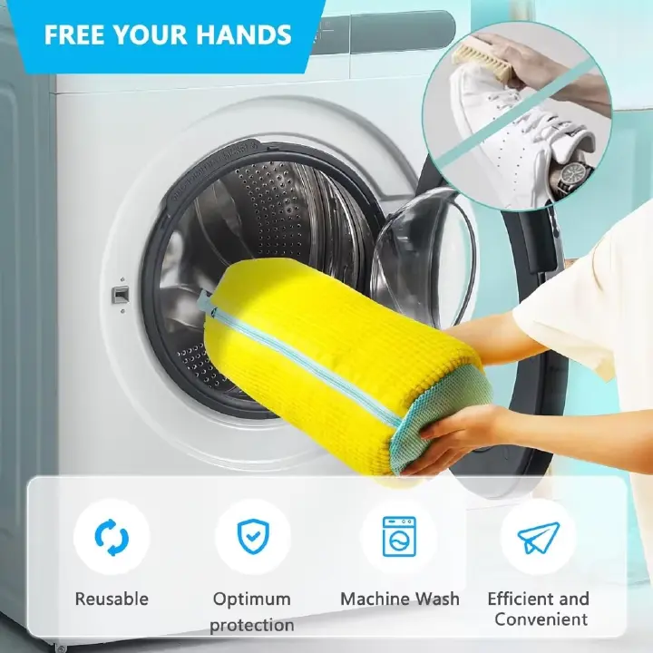 Durable Shoe Washing Machine Bag for All Shoe Types-Yellow with Blue Zipper,Ideal for Sneakers and Casual Shoes,Laundry Wash Bag