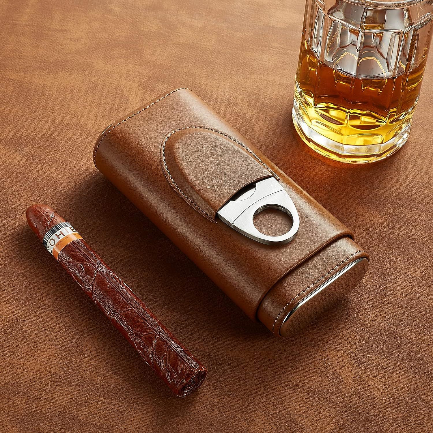 Three-Finger PU Leather Cigar Case Portable Humidor Holder Box with Silver Cigar Cutter Smoking Accessories for Business Gifts