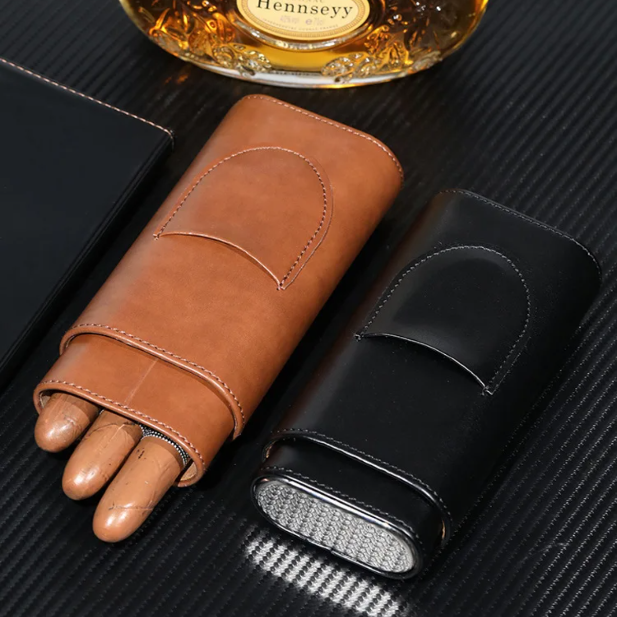 Three-Finger PU Leather Cigar Case Portable Humidor Holder Box with Silver Cigar Cutter Smoking Accessories for Business Gifts