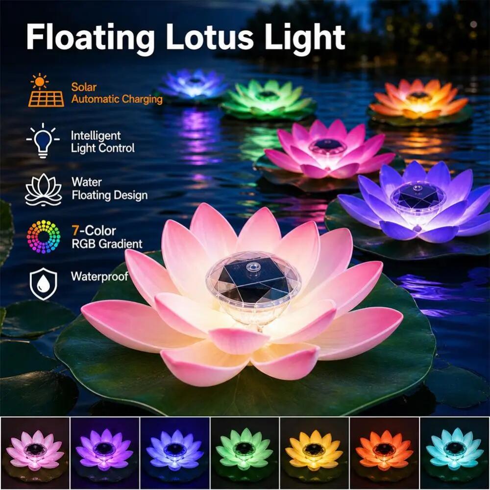 Floating Lotus Light Solar Powered Lotus Lamp with LED Light Waterproof Lotus Light Water Floating Lotus Night Lamp