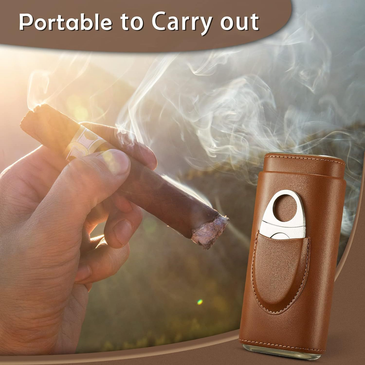 Three-Finger PU Leather Cigar Case Portable Humidor Holder Box with Silver Cigar Cutter Smoking Accessories for Business Gifts