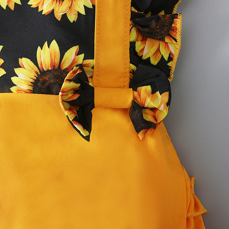 Baby Girl Sunflower Print Romper Set with Matching Headband Summer Outfit