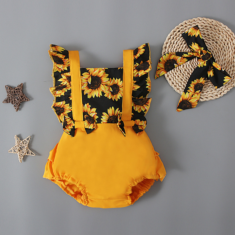 Baby Girl Sunflower Print Romper Set with Matching Headband Summer Outfit