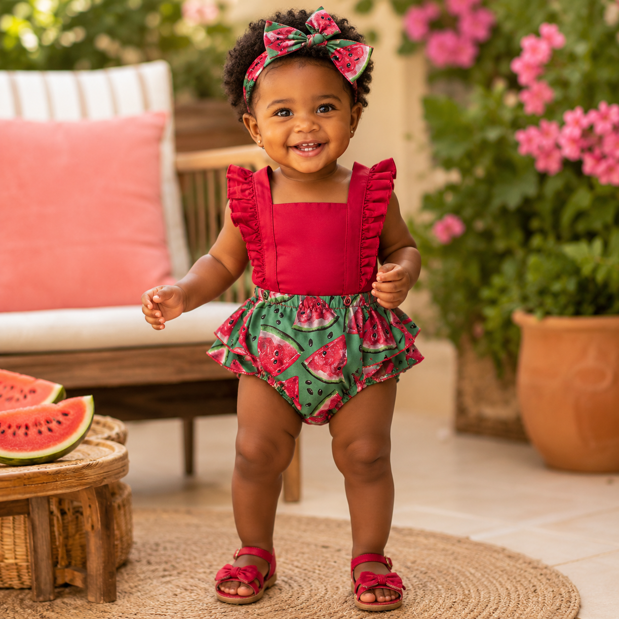 Baby Girl Watermelon Print Romper Set with Matching Headband Summer Outfit