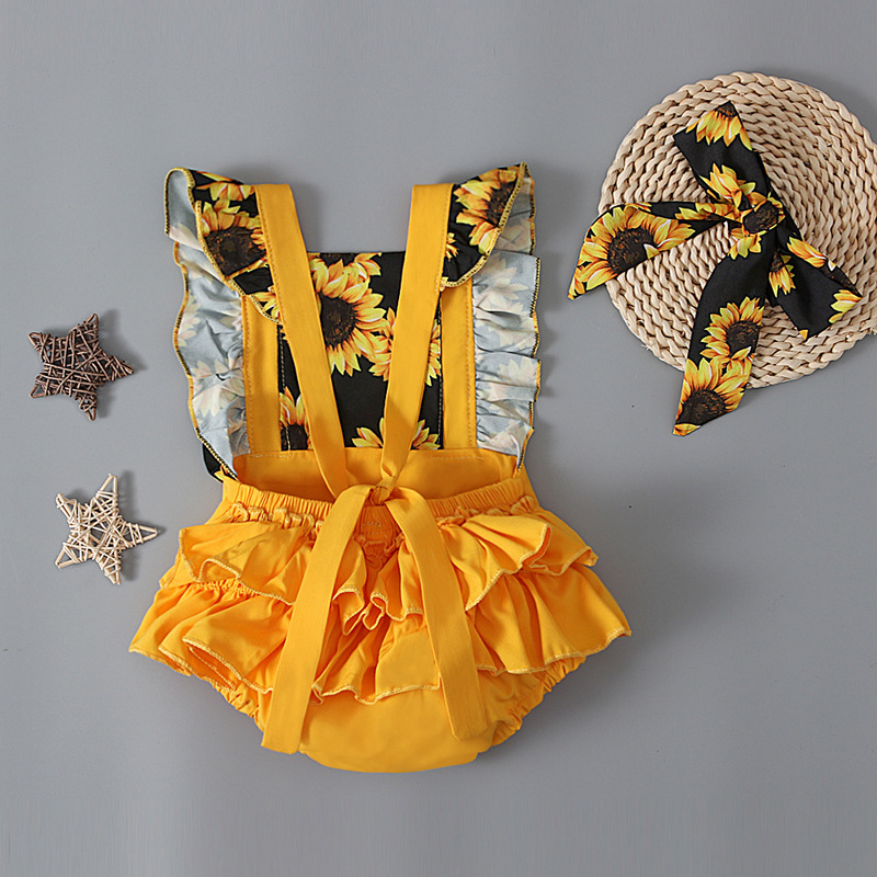 Baby Girl Sunflower Print Romper Set with Matching Headband Summer Outfit
