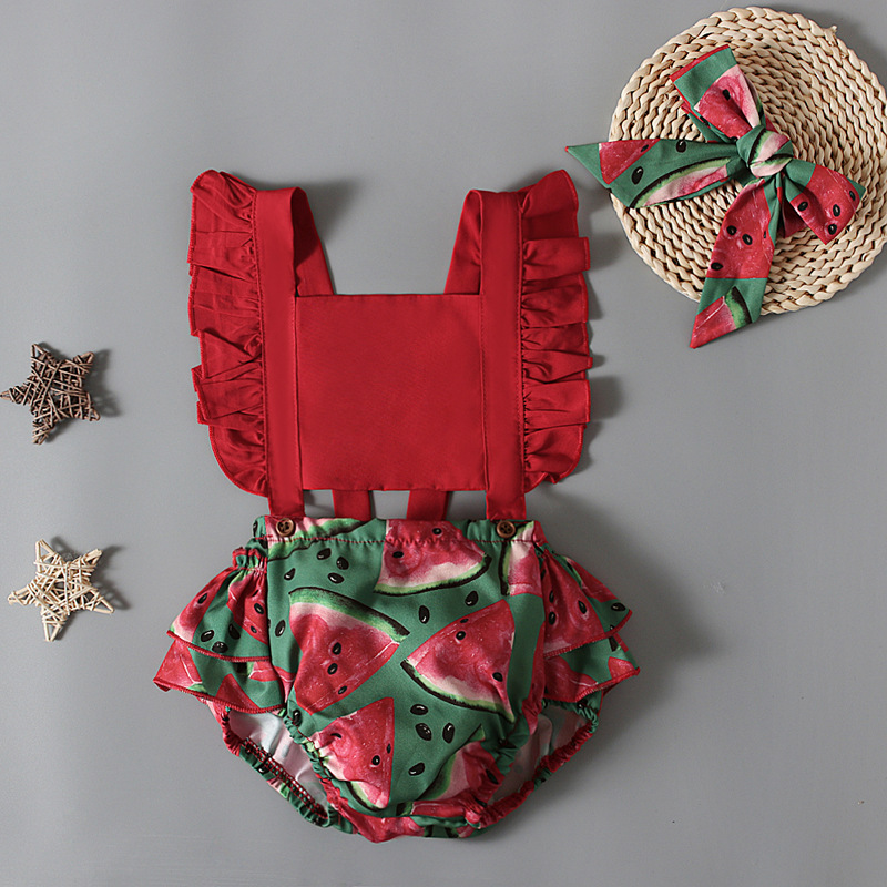 Baby Girl Watermelon Print Romper Set with Matching Headband Summer Outfit
