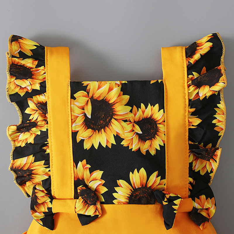 Baby Girl Sunflower Print Romper Set with Matching Headband Summer Outfit