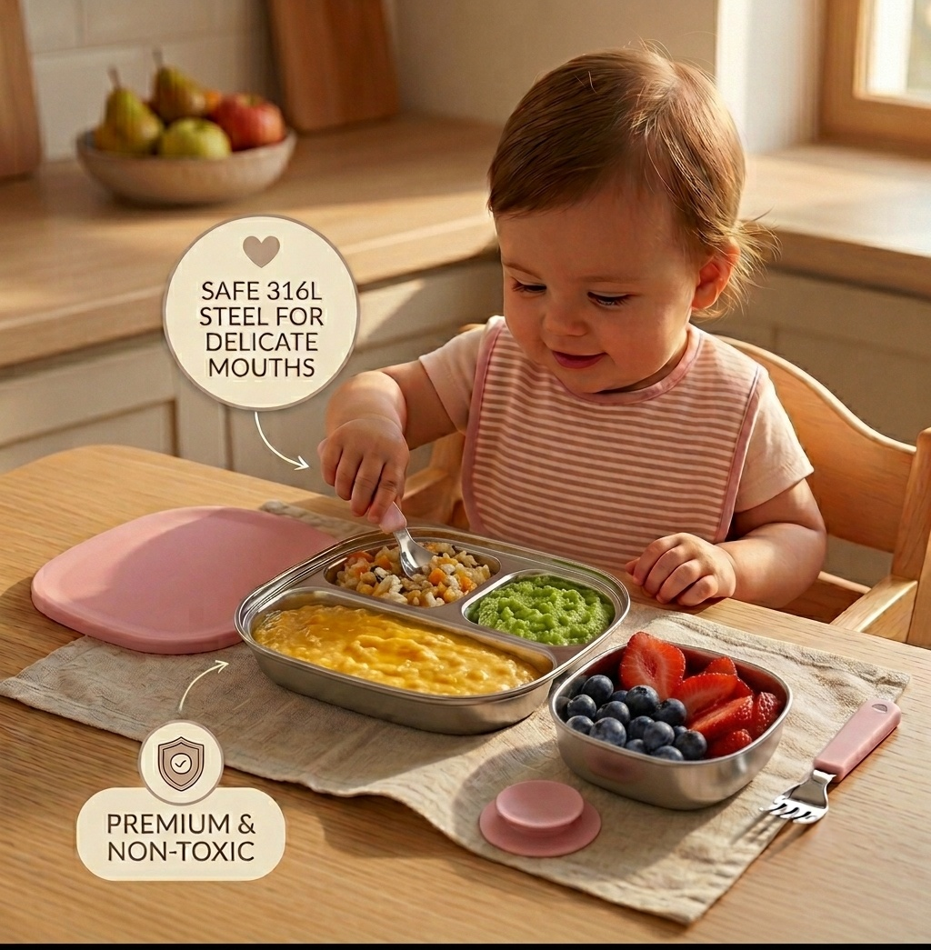 316L Stainless Steel Baby Feeding Set 7PCS | Suction Divided Plate + Bowl + Spoon Fork | BPA-Free BLW Toddler Tableware for Baby Led Weaning Kenya (4 Colors)
