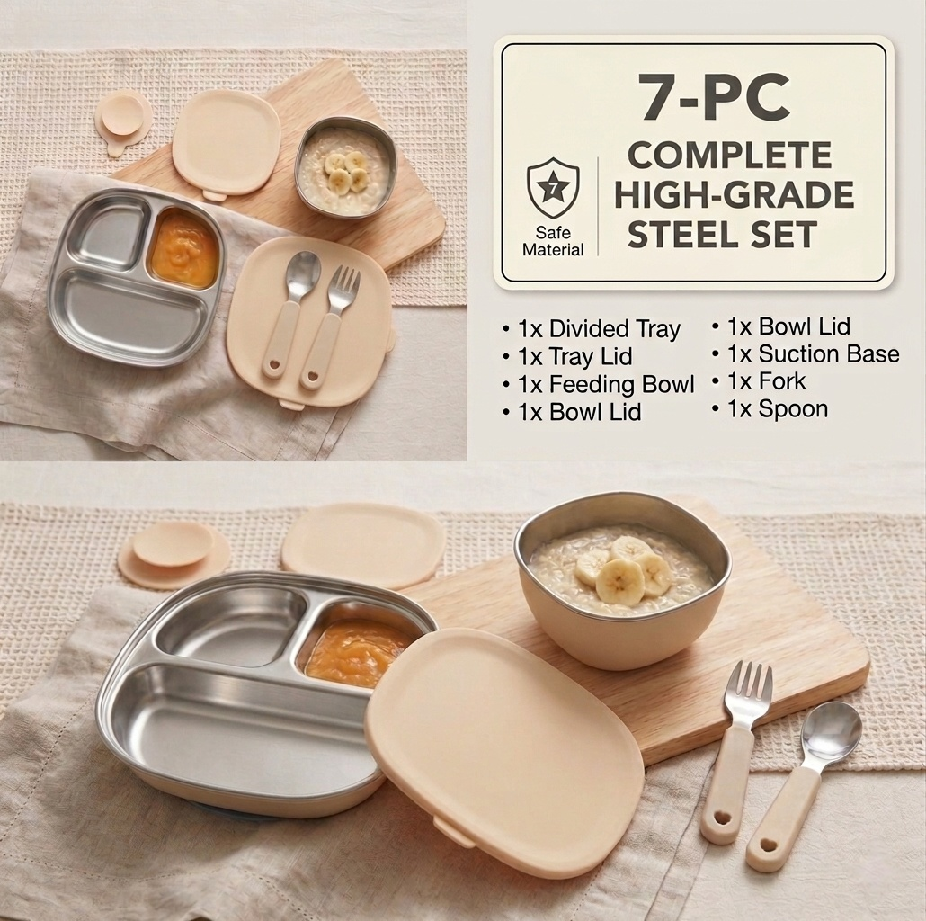 316L Stainless Steel Baby Feeding Set 7PCS | Suction Divided Plate + Bowl + Spoon Fork | BPA-Free BLW Toddler Tableware for Baby Led Weaning Kenya (4 Colors)