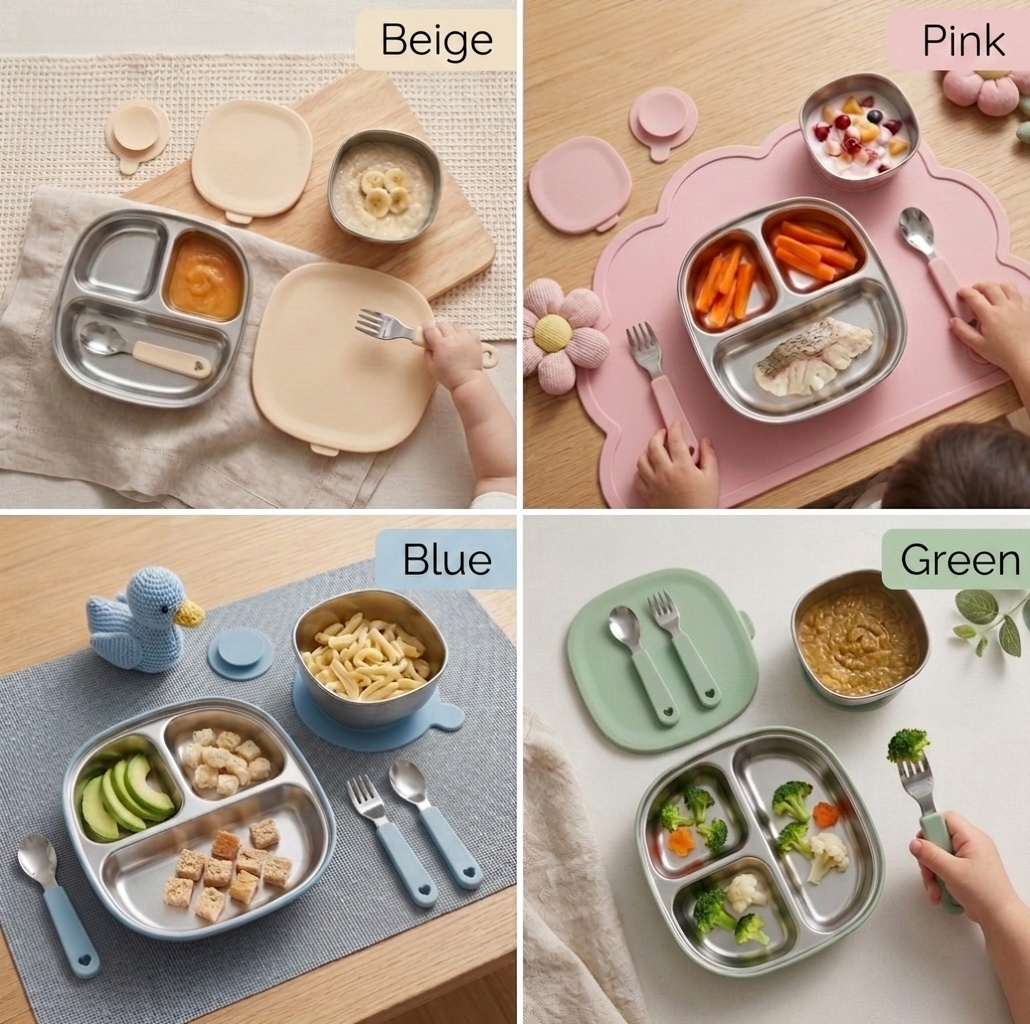 316L Stainless Steel Baby Feeding Set 7PCS | Suction Divided Plate + Bowl + Spoon Fork | BPA-Free BLW Toddler Tableware for Baby Led Weaning Kenya (4 Colors)