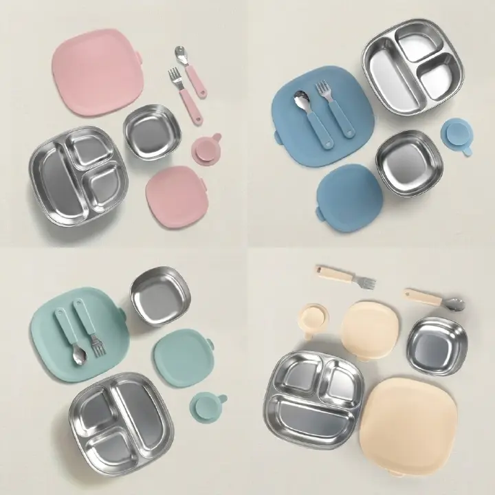316L Stainless Steel Baby Feeding Set 7PCS | Suction Divided Plate + Bowl + Spoon Fork | BPA-Free BLW Toddler Tableware for Baby Led Weaning Kenya (4 Colors)