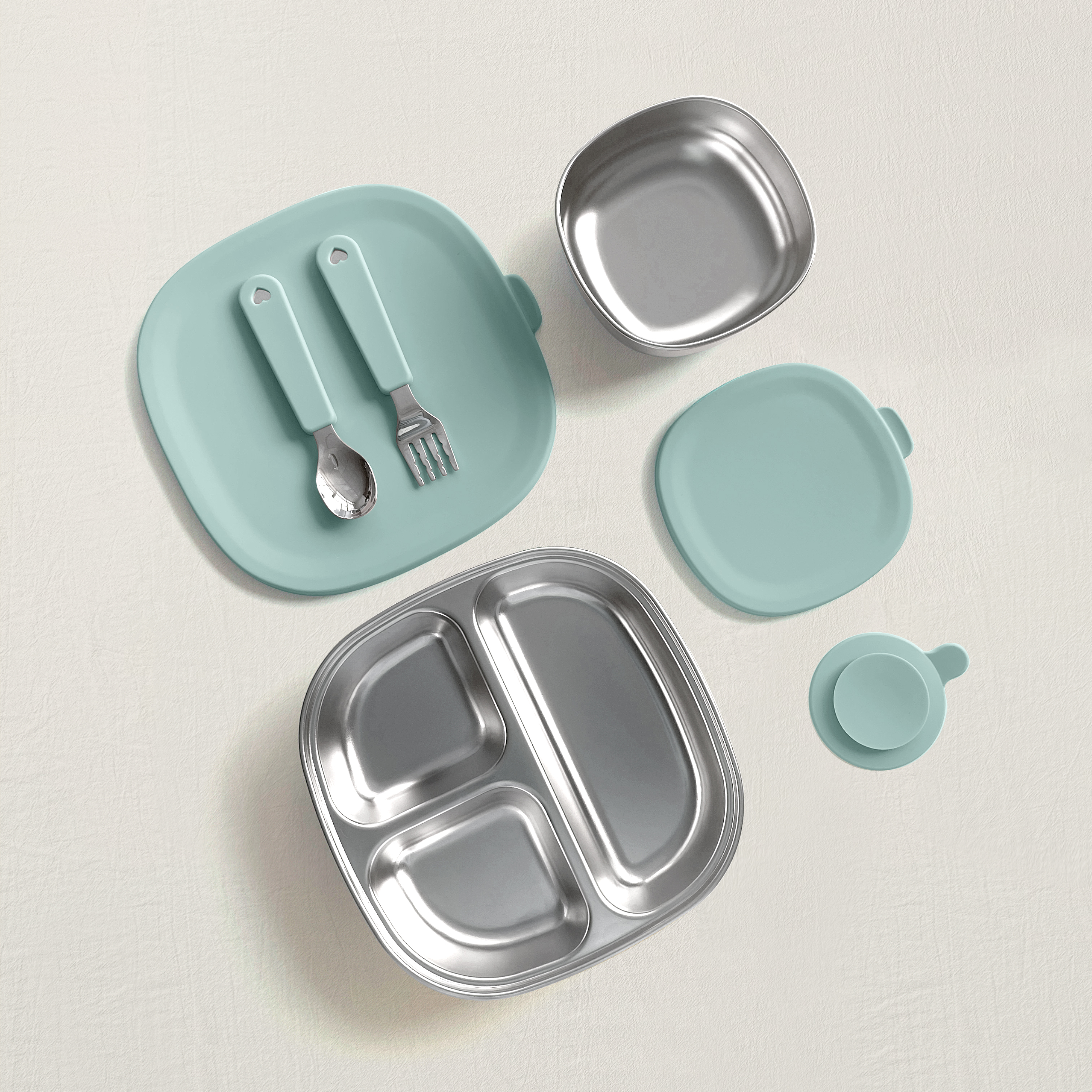 316L Stainless Steel Baby Feeding Set 7PCS | Suction Divided Plate + Bowl + Spoon Fork | BPA-Free BLW Toddler Tableware for Baby Led Weaning Kenya (4 Colors)