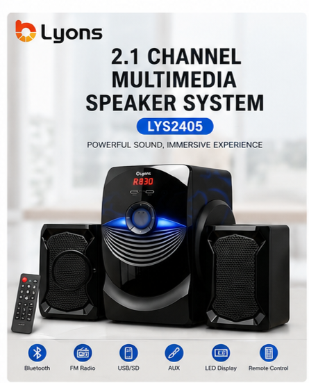 LYONS LYS2405 2.1CH Powerful Bass Multimedia Speaker System – Bluetooth, FM Radio, USB/SD Support, Deep Bass Subwoofer, 3D Surround Sound & Remote Control