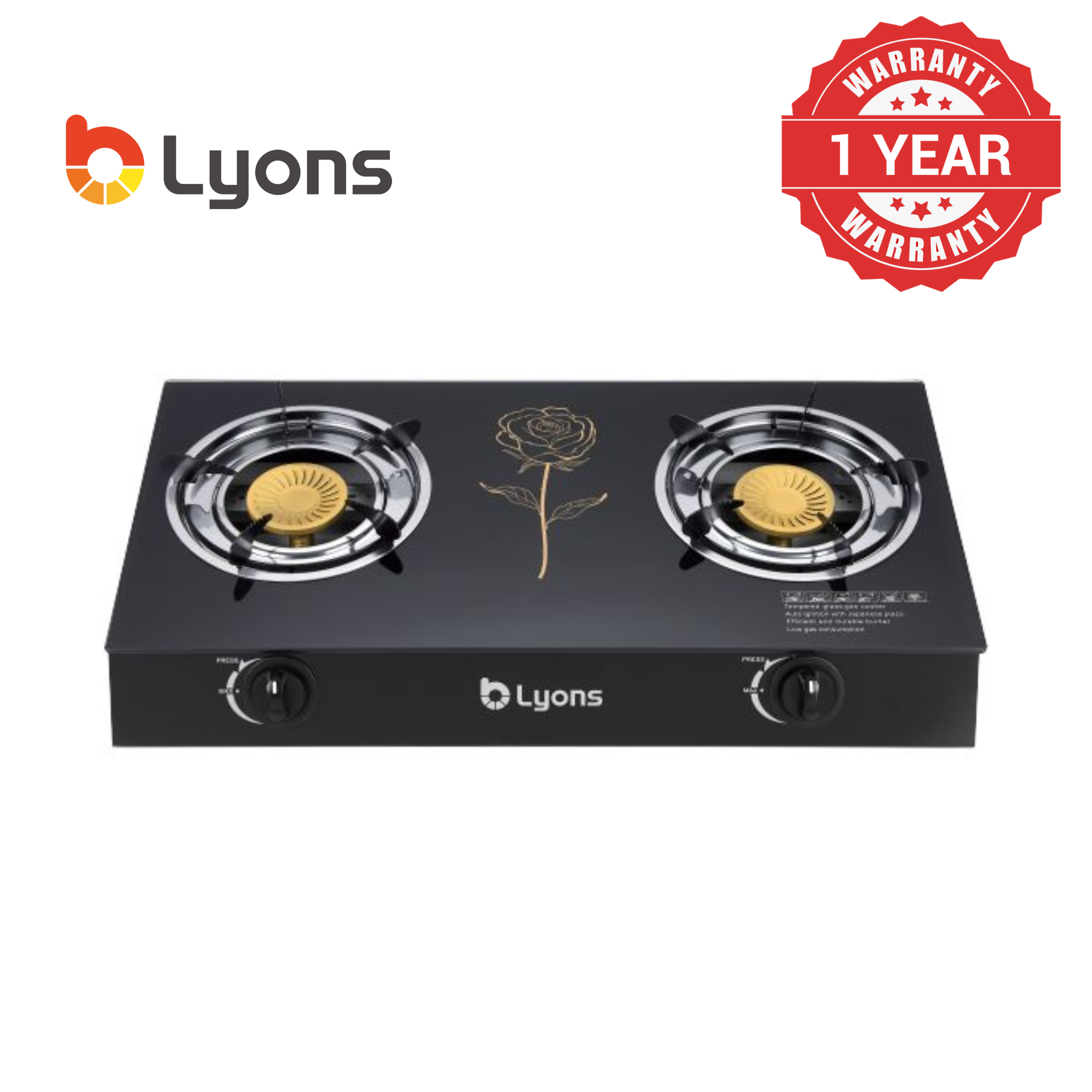 Lyons GK-022 2 Burner Tempered Glass Gas Stove Cooker with Auto Ignition, Gas Saver Technology, Durable Rotary Burners & High Temperature Resistant Design – 1 Year Warranty