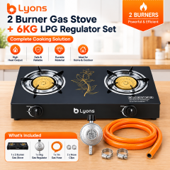 Lyons GK-023 2 Burner Tempered Glass Gas StoveDouble Ring Flame with Narcissus Lily Patten with Auto Ignition, Gas Saver Technology, Durable Rotary Burners & High Temperature Resistant Design