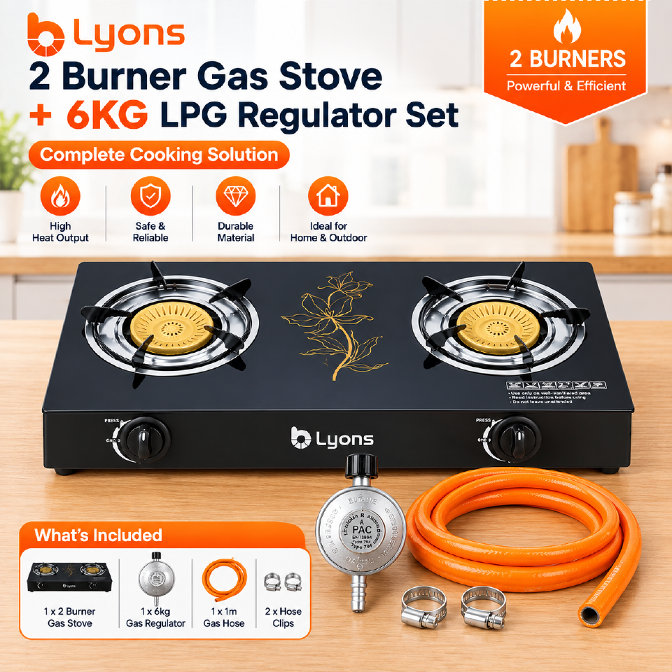 Lyons GK-023 2 Burner Tempered Glass Gas StoveDouble Ring Flame with Narcissus Lily Patten with Auto Ignition, Gas Saver Technology, Durable Rotary Burners & High Temperature Resistant Design