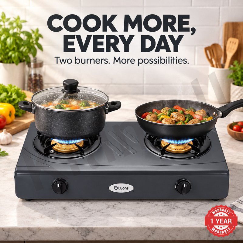 Lyons GK-013 2 Burner Tempered Stainless Steel Gas Stove  with Auto Ignition, Gas Saver Technology, Durable Rotary Burners & High Temperature Resistant Design
