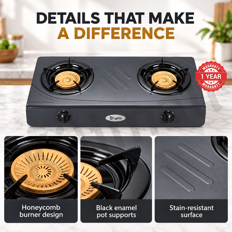 Lyons GK-013 2 Burner Tempered Stainless Steel Gas Stove  with Auto Ignition, Gas Saver Technology, Durable Rotary Burners & High Temperature Resistant Design