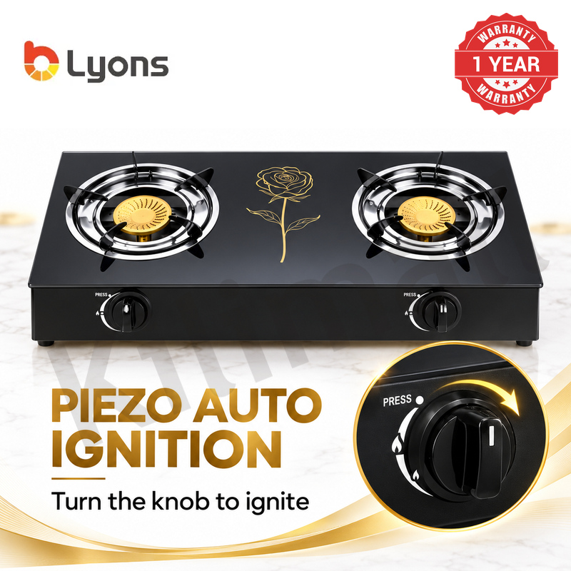 Lyons GK-023 2 Burner Tempered Glass Gas StoveDouble Ring Flame with Narcissus Lily Patten with Auto Ignition, Gas Saver Technology, Durable Rotary Burners & High Temperature Resistant Design