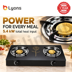 Lyons GK-023 2 Burner Tempered Glass Gas StoveDouble Ring Flame with Narcissus Lily Patten with Auto Ignition, Gas Saver Technology, Durable Rotary Burners & High Temperature Resistant Design