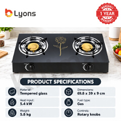 Lyons GK-023 2 Burner Tempered Glass Gas StoveDouble Ring Flame with Narcissus Lily Patten with Auto Ignition, Gas Saver Technology, Durable Rotary Burners & High Temperature Resistant Design
