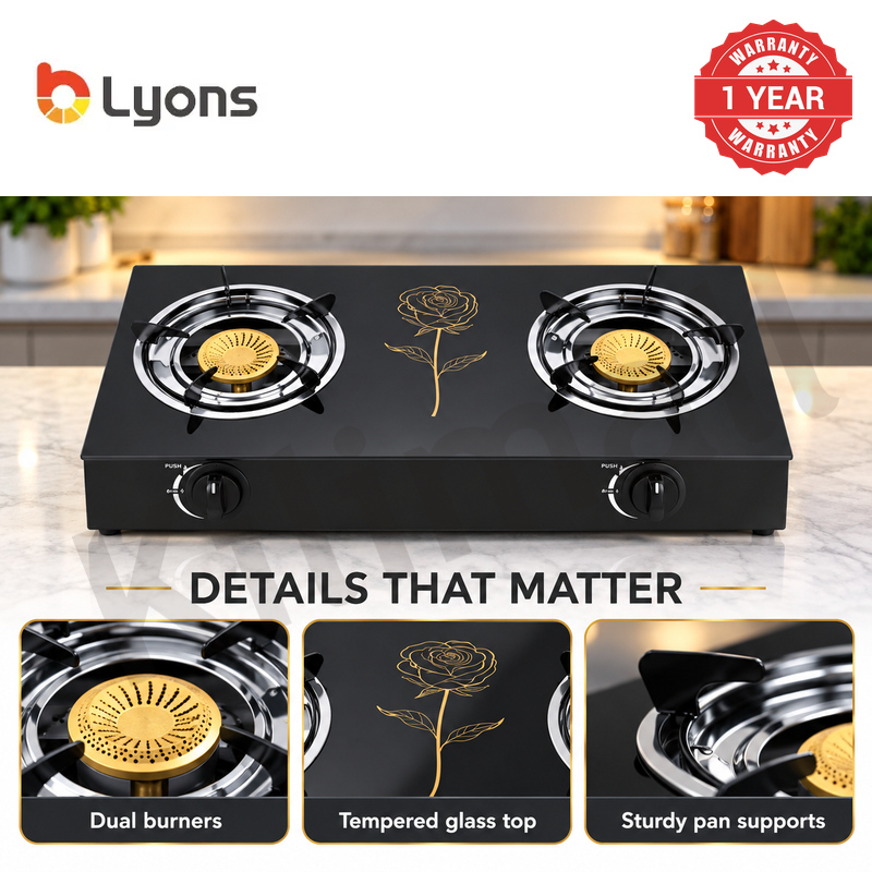 Lyons GK-023 2 Burner Tempered Glass Gas StoveDouble Ring Flame with Narcissus Lily Patten with Auto Ignition, Gas Saver Technology, Durable Rotary Burners & High Temperature Resistant Design