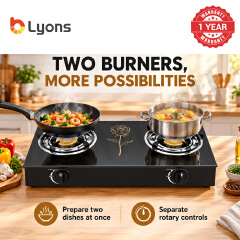 Lyons GK-023 2 Burner Tempered Glass Gas StoveDouble Ring Flame with Narcissus Lily Patten with Auto Ignition, Gas Saver Technology, Durable Rotary Burners & High Temperature Resistant Design