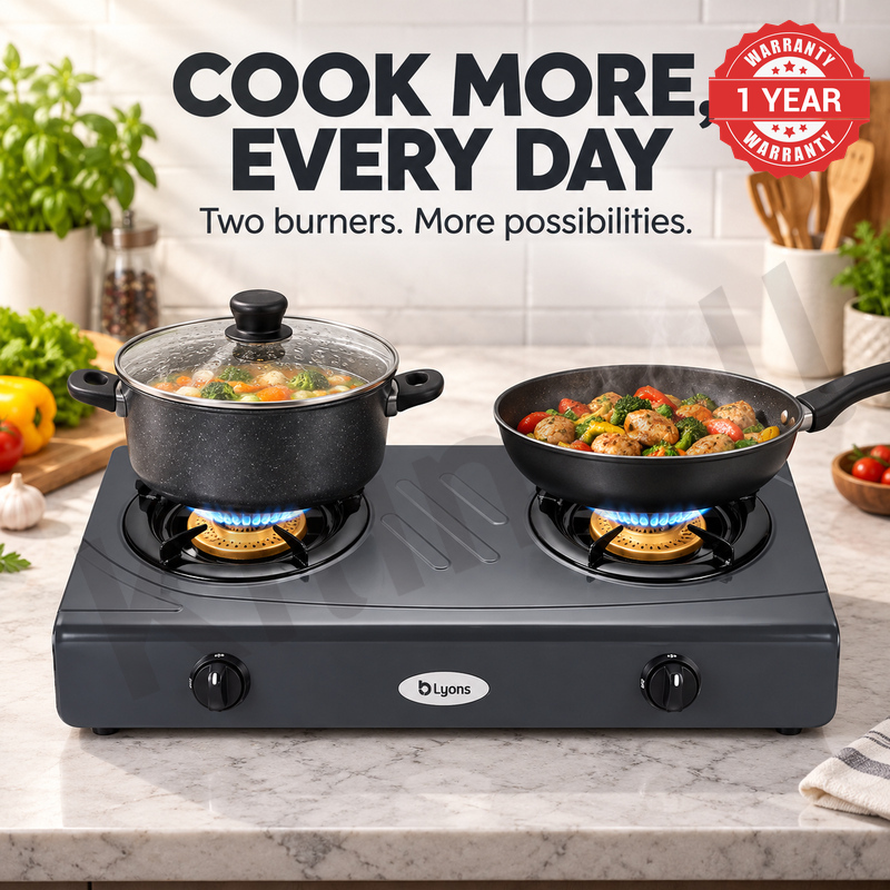 Lyons GK-013 2 Burner Tempered Stainless Steel Gas Stove  with Auto Ignition, Gas Saver Technology, Durable Rotary Burners & High Temperature Resistant Design