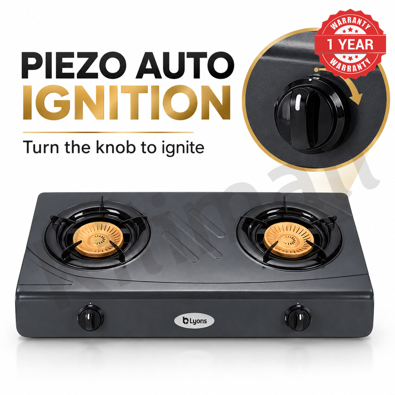 Lyons GK-013 2 Burner Tempered Stainless Steel Gas Stove  with Auto Ignition, Gas Saver Technology, Durable Rotary Burners & High Temperature Resistant Design