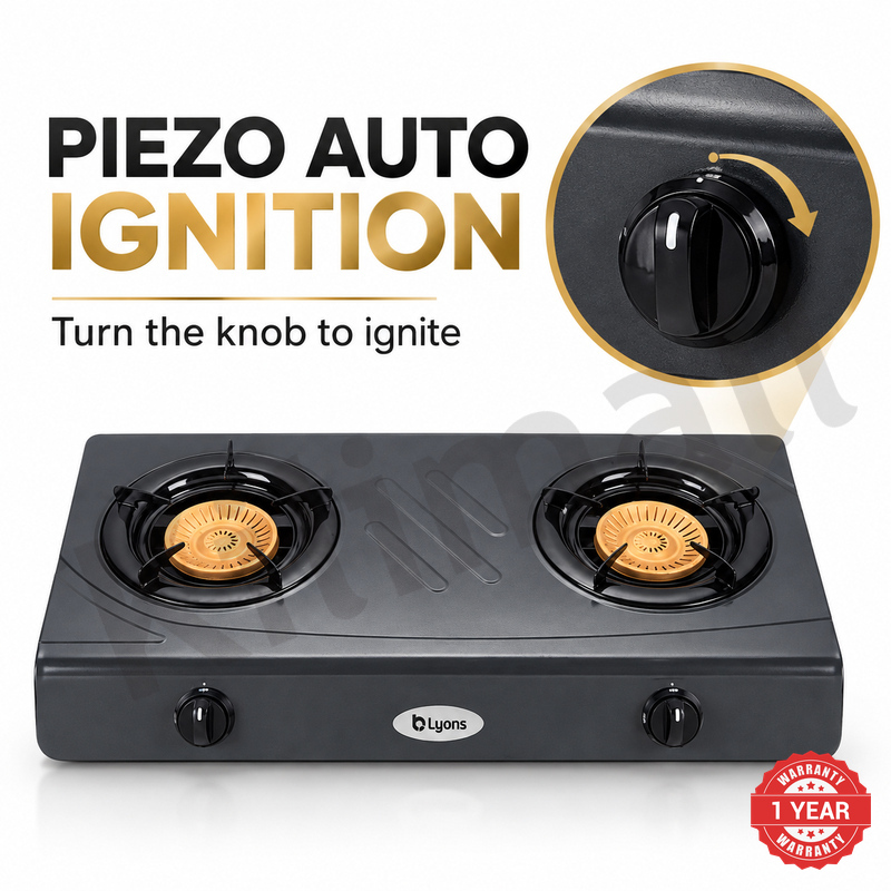 Lyons GK-013 2 Burner Tempered Stainless Steel Gas Stove  with Auto Ignition, Gas Saver Technology, Durable Rotary Burners & High Temperature Resistant Design