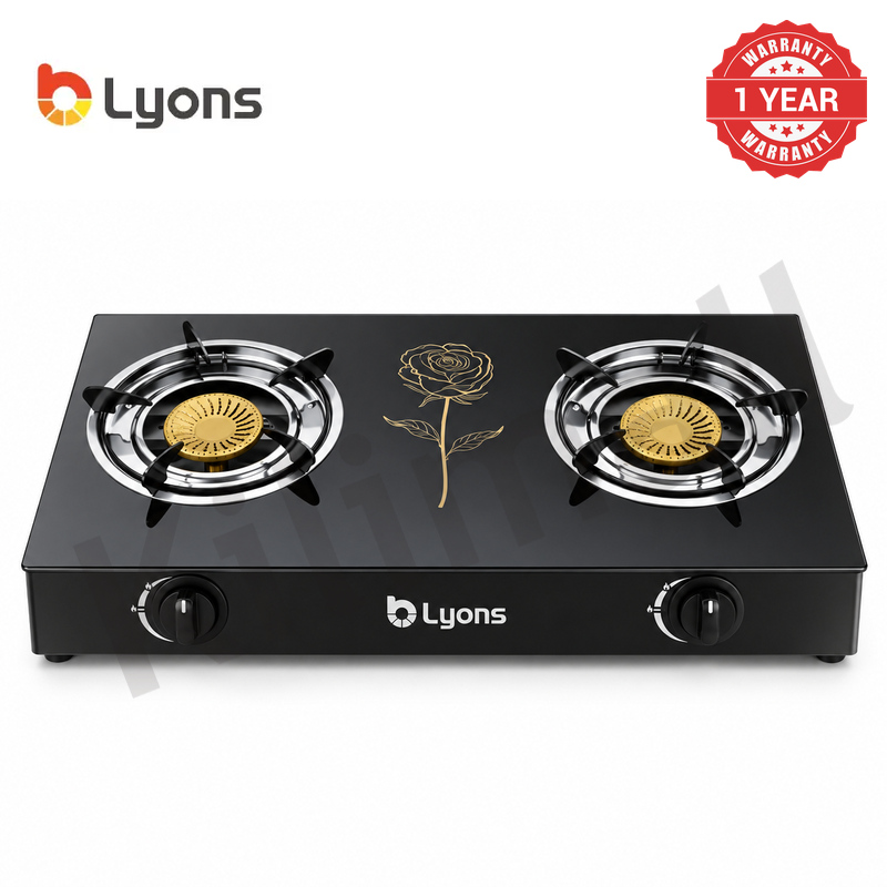 Lyons GK-023 2 Burner Tempered Glass Gas StoveDouble Ring Flame with Narcissus Lily Patten with Auto Ignition, Gas Saver Technology, Durable Rotary Burners & High Temperature Resistant Design