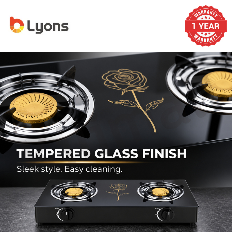 Lyons GK-023 2 Burner Tempered Glass Gas StoveDouble Ring Flame with Narcissus Lily Patten with Auto Ignition, Gas Saver Technology, Durable Rotary Burners & High Temperature Resistant Design