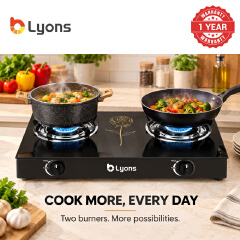 Lyons GK-023 2 Burner Tempered Glass Gas StoveDouble Ring Flame with Narcissus Lily Patten with Auto Ignition, Gas Saver Technology, Durable Rotary Burners & High Temperature Resistant Design