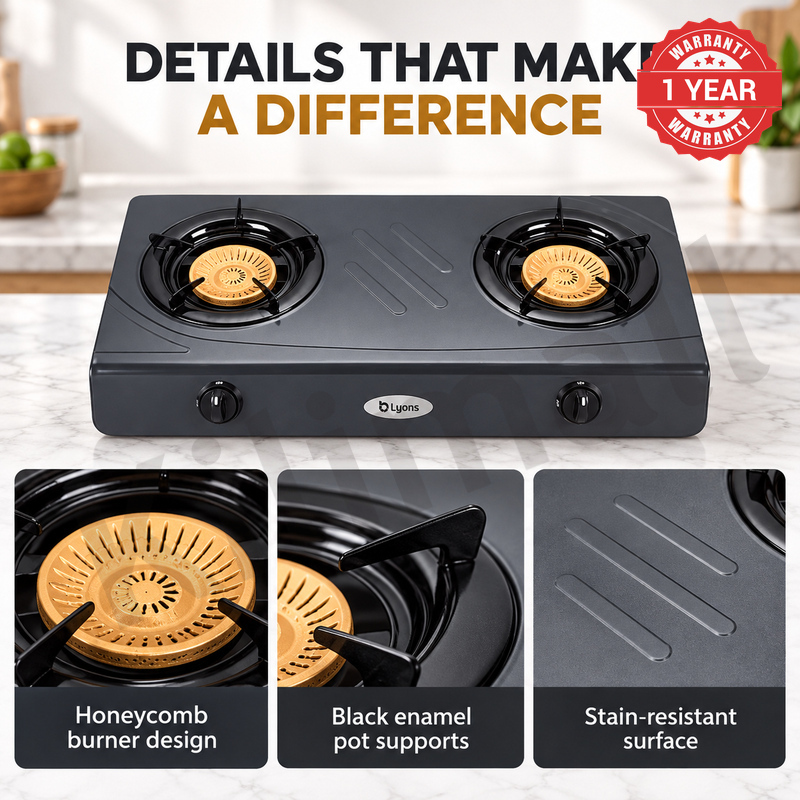 Lyons GK-013 2 Burner Tempered Stainless Steel Gas Stove  with Auto Ignition, Gas Saver Technology, Durable Rotary Burners & High Temperature Resistant Design