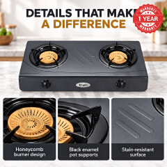 Lyons GK-013 2 Burner Tempered Stainless Steel Gas Stove  with Auto Ignition, Gas Saver Technology, Durable Rotary Burners & High Temperature Resistant Design